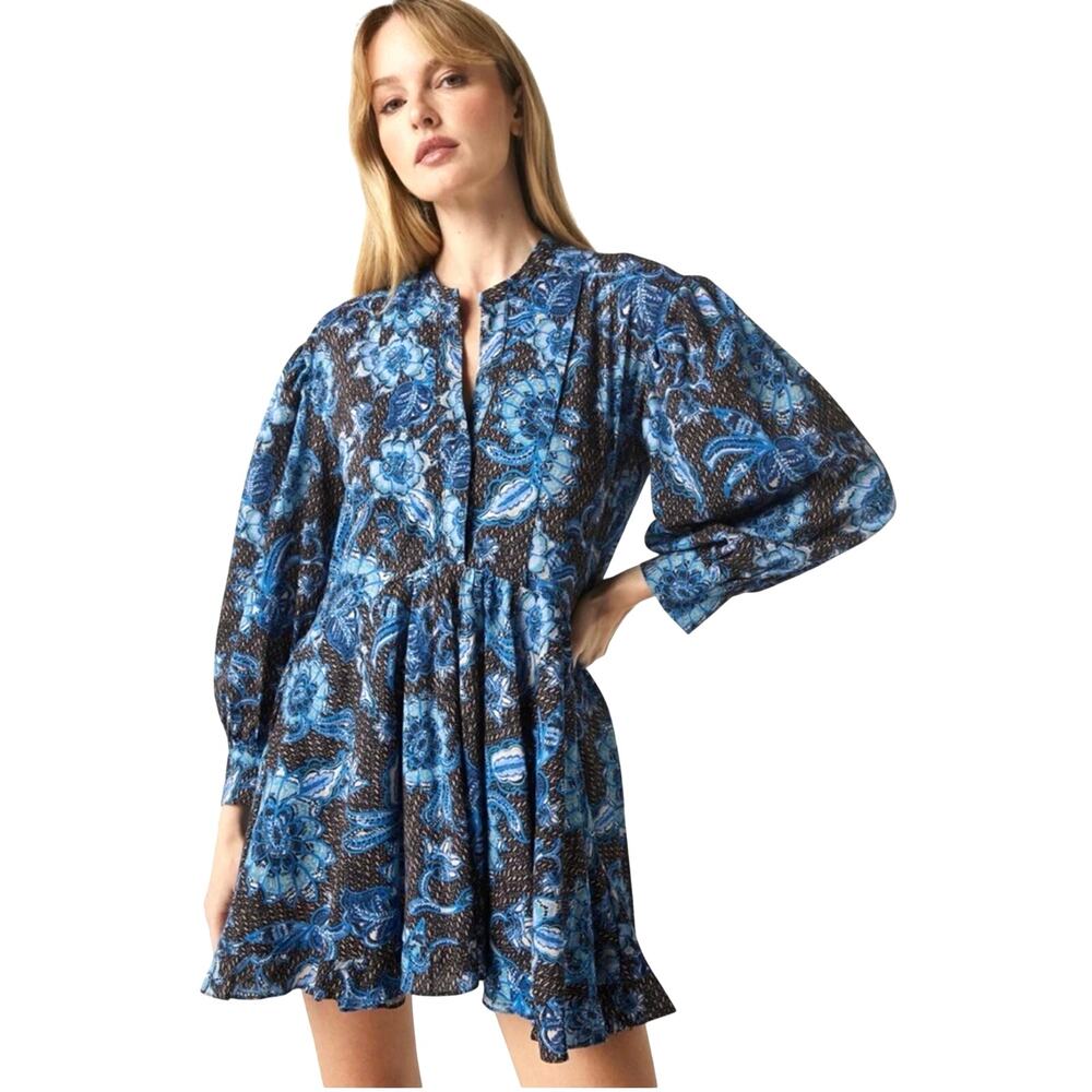 NWT MISA Women’s Nolan Blue Sunflower Long Sleeve Mini Dress